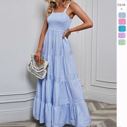 Dames zomergedeelte maxi jurk casual boho mouwloze spaghetti -band gesmokte gelaagde lang strandzon gestreepte jurken
