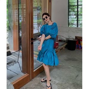 Dames zomer geplooid koningsblauw superfee lange jurken dames v-hals korte mouw oversized chique jurk voor mode 210520