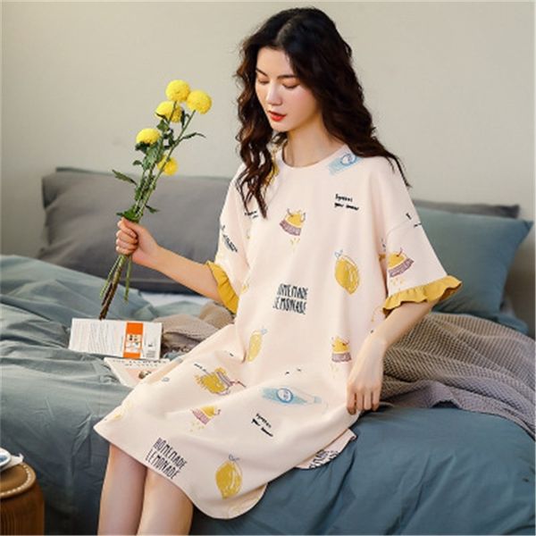 Summer Shortsleed One-Ocaded Nightdress Cotton Carton Imprimerie Printing Lotus Leaf Night Dress Ladies Home Service T200429