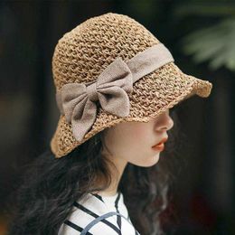 Femmes été petit raphia frais chapeau de soleil chapeau de paille pêcheur chapeau simple nœud papillon chapeau de soleil sauvage G220301