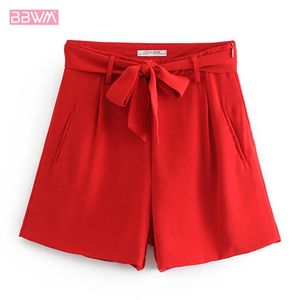 Dames zomer effen kleur boog riem shorts mode hoge taille kleine wijde been rode grijze elegante vrouwen 210507