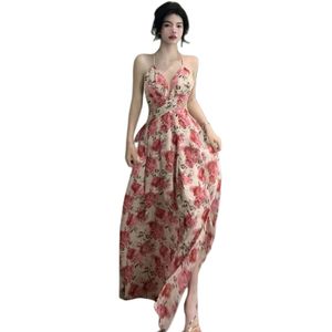 Femmes été spaghetti sangle fleurs imprimer en mousseline de soie taille haute dos évider pansement sexy maxi robe plage vestidos SML