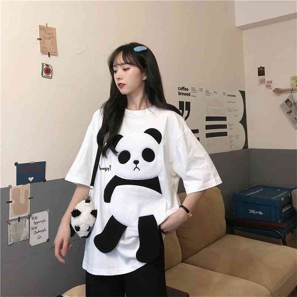 Camiseta de verano para mujer, camiseta estampada con cuello redondo, letras de dibujos animados, Panda, camisetas de retazos de manga corta, camisetas de media manga, camisetas femeninas PL031 210506