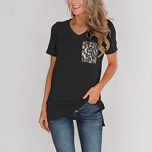 Camiseta de verano para mujer, camiseta de manga corta con cuello en V de retales de leopardo, camiseta básica con bolsillo para mujer, camiseta para mujer 210522