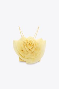Débardeurs d'été pour femmes nouvelle couleur jaune 3D organza gaze grande fleur spaghetti sangle tricoté haut court bustier gilet camisoles SML