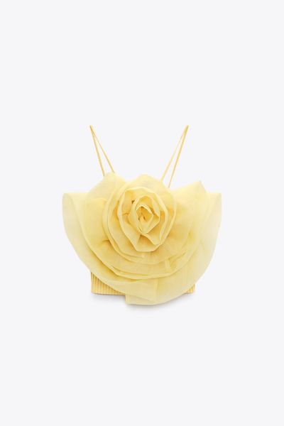 Débardeurs d'été pour femmes nouvelle couleur jaune 3D organza gaze grande fleur spaghetti sangle tricoté haut court bustier gilet camisoles SML