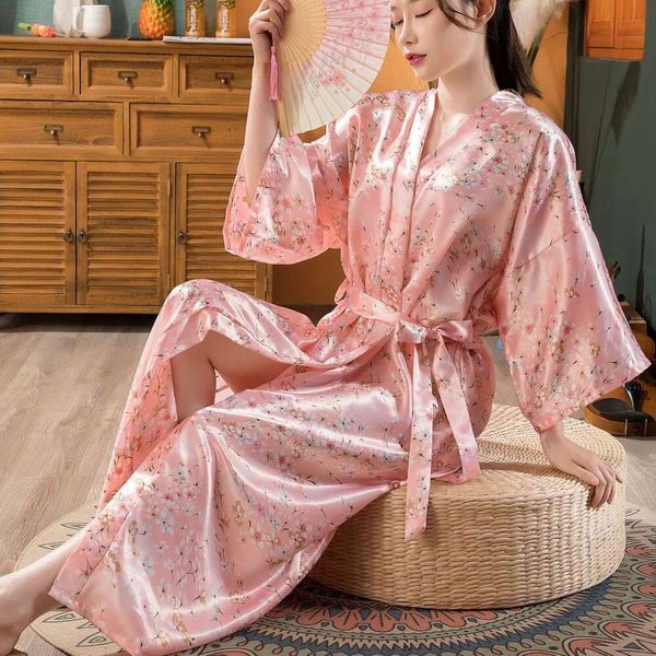 Summer de verano femenino Kimono, vestido matutino de dama de honor, pijama, cárdigan, bañera sexy y larga, mujeres