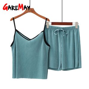Dames zomer twee stukken set riem camis ank top casual vest mouwloos huis pak met korte broek voor vrouwen comfort 210428