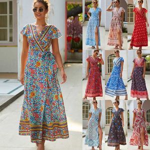 Dames Zomer V-hals Wrap Vintage Floral Print Split Belted Flowy Boho Beach Long Dress
