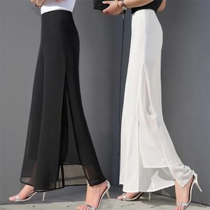 Femmes été large jambe pantalons longs décontracté Vintage taille haute en mousseline de soie côté fendu lâche bohême jupe pantalon s solide 210925