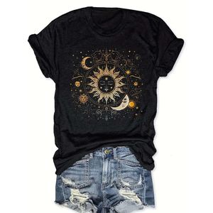 Camiseta de manga corta con cuello redondo holgada informal con estampado de sol y luna para mujer