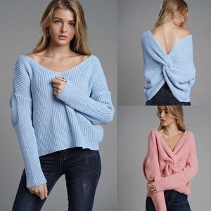 Damestrui herfst en winter effen kleur groot formaat losse halter cross-over pullover met lange mouwen 210527