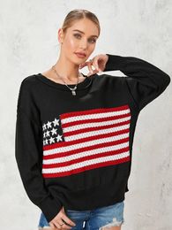 Pull femme automne hiver pull en tricot Amérique US drapeau imprimé à manches longues col rond lâche tricots femme pulls décontractés pulls hauts 231123