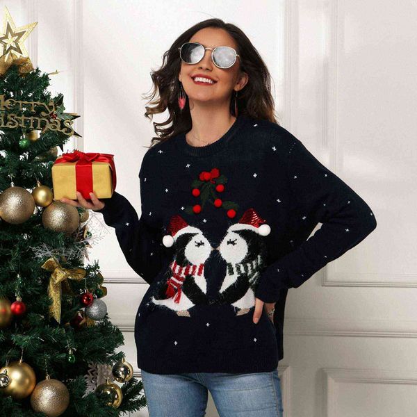 Pull pour femme Noël mignon petit motif de pingouin pull à franges boule fourrure pull automne hiver mode pulls tricotés Y1110