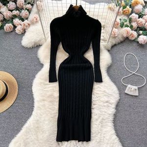 Robe pull élégante pour femmes, automne hiver, Sexy, Slim, moulante, col roulé, couleur unie, épais et chaud, tricot, 864