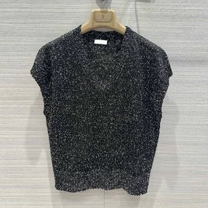 Damessweater Europees modemerk Grijszwart, volledig lichaam Mouwloze gebreide top met pailletten en V-hals
