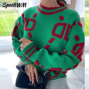 Dames Trui Groen Gestreept Roze Knit Lady Pullover Oversize Sweaters Herfst Winter O-hals Losse Casual Gebreide Pullovers Tops 211215
