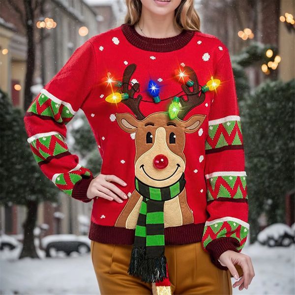 Pull femme lumière LED de noël dessin animé renne wapiti tricot pull drôle fête pull hauts rouge laid 231113