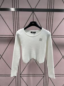 Suéter para mujer, borla de diamantes de imitación, cadena inferior, umbilical expuesto, prendas de punto cortas, Top de diseñador, blanco y negro, rosa