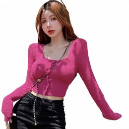 Pull pour femme Haut court Cardigan en soie glacée Air Cditiing Chemise Couleur unie Mince Secti Z3iK #