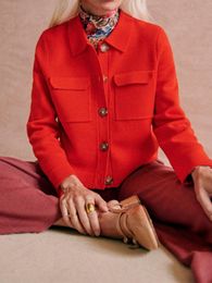 Suéter de mujer Cuello vuelto Camisa de punto de color sólido Suéter Cárdigan de manga larga para mujer con bolsillos dobles 230824