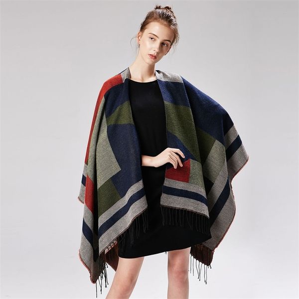 Suéter de mujer Invierno Jacquard Geométrico Borla Fight Color Hit Split Fork Lady's Shawl Travel Out Cape Cloak 210427