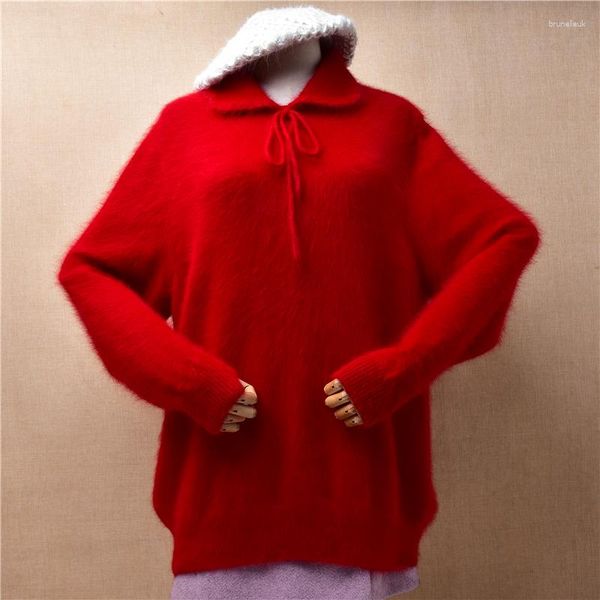 Suéteres de mujer 04 señoras mujeres Otoño Invierno ropa pajarita roja pelo de Angora peludo tejido mangas largas de murciélago suéter suelto