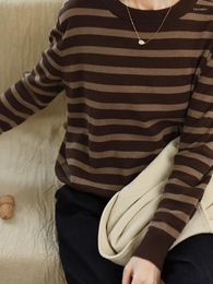 Suéteres de mujer 119-121cm busto/primavera otoño mujeres todo-fósforo estilo japonés cómodo suelto rayado tejido algodón ramio pulóver/jerséis