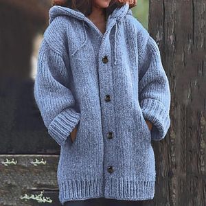 Pulls pour femmes 2021 automne et hiver couleur unie pull surdimensionné veste ample chaud à manches longues Cardigan tricot mi-long à capuche manteau