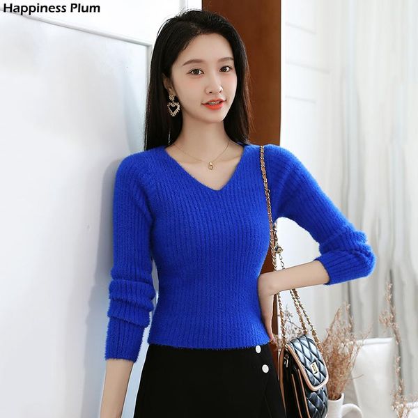 Suéteres de mujer 2021 moda coreana azul grueso borroso Delgado suéter de mujer pulóveres corto 8 colores Vintage elegante Rib Knit chaqueta Tops