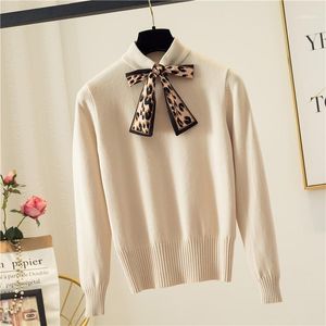 Dames Sweaters 2021 Lente Herfst Koreaanse Vrouwelijke Leopard Bow Knit Trui All-match Solid Color Lange Mouwen Pullover Top CC16431