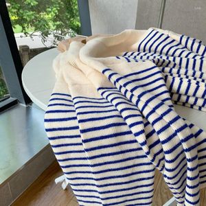 Dames truien 2022 herfst winter marine stijl kort gebreide trui losse dames blauw wit gestreepte shirt