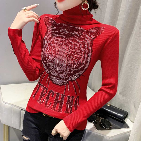 Chandails pour femmes 2022 Nouveaux vêtements tricotés Tête de léopard Pull rouge Femmes Luxe Chaud Strass Diamant Sweat Femme Streetwear T221019