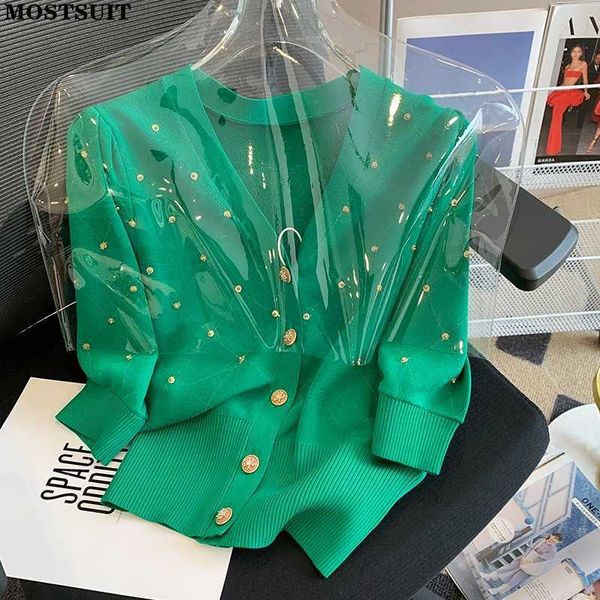 Chandails pour femmes 2022 Été Diamants Perles Cardigan Femmes Manches Bouffantes Col V-Col Tops Vert Élégant Mode Dames Femmes Tricots Jumpers T220925