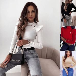 Suéteres para mujer 2022 Slim Fit para mujer Botón de cuello alto Decoración de manga larga Camisa de punto Ropa de calle Fábrica directa al por mayor