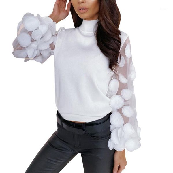 Suéteres de mujer 2022 suéter de mujer elegante malla de contraste Puff manga larga para lunares blanco jersey de cuello alto señora Top