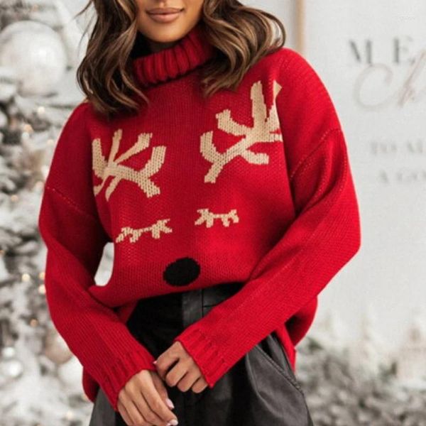 Suéteres para mujer 2023 Llegada Mujeres Suéter de Navidad Elk Imprimir Advertencia Grueso Jumper Manga larga Cuello alto Prendas de punto Lindo Jersey Top Navidad