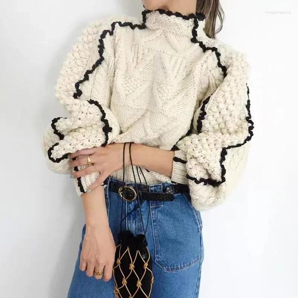 Suéteres de mujer 2023 Otoño e invierno Moda Bloqueado de color Tejido a mano Cable tridimensional Medio cuello alto Suéter suelto para mujer