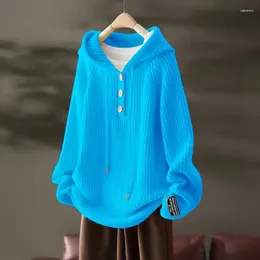 Женские свитера 2023, осень и зима, с капюшоном, в стиле пэчворк, на пуговицах, однотонный, свободный, модный, повседневный, элегантный, с длинным рукавом