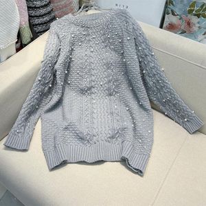 Pulls pour femmes 2023 automne et hiver tricot pull industrie lourde perles paresseux tricot dames lâche gris pull tricoté pour les femmes