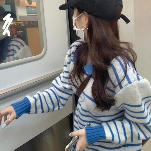 Pulls pour femmes 2023 automne bleu à manches longues rayé pull Style coréen lâche décontracté mode paresseux haut