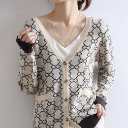 Suéteres femininos 2023 outono moda impressão magro vneck camisola de malha cardigan europeu chique contraste cor envelhecimento casaco topo 230831