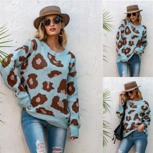 Suéteres de mujer 2023 Otoño Estampado de leopardo Suéter de cuello redondo Suéter suelto