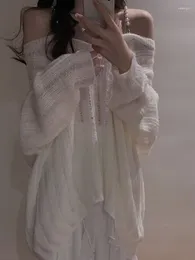 Chandails pour femmes 2023 Automne Lâche Élégant Blanc Pull Tricoté Femmes Casual Manches Longues Mince Couleur Pure Pull Style Coréen Outwear Chic