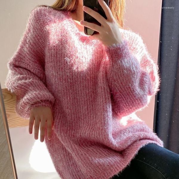 Suéteres de mujer 2023 Otoño Invierno brillante seda brillante tejer Tops todo-fósforo medio-largo manga larga suelto esponjoso rosa suéter Casual