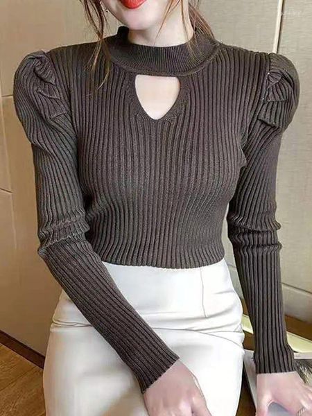 Pulls pour femmes 2023 Automne Hiver Vêtements Sweate Mujer Puff Sleeve Tops Vintage Femmes Creux Out Solide Slim Pull Femme Top