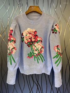 Pulls pour femmes 2023 automne hiver haute qualité femmes motifs de broderie florale tricoté à manches longues décontracté bleu rouge pull