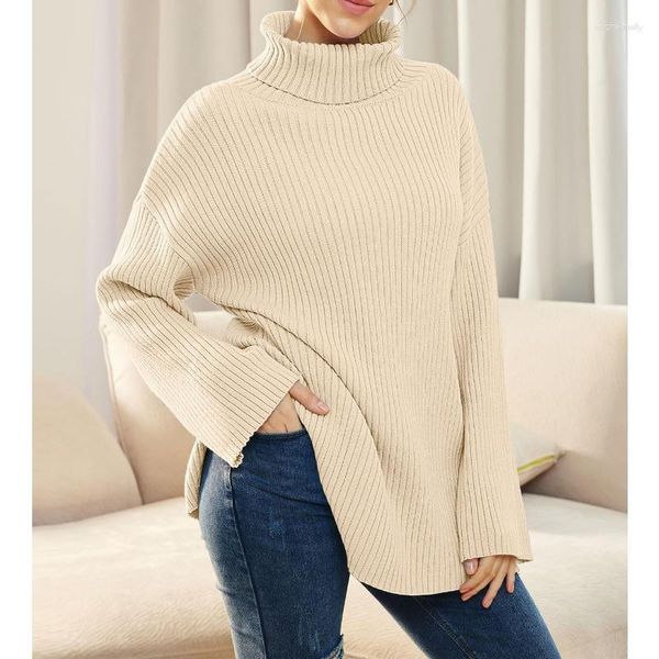 Suéteres de mujer 2023 Otoño/Invierno cuello alto Jersey Extra grande Split manga larga Rib tejido suéter mujeres invierno Tops