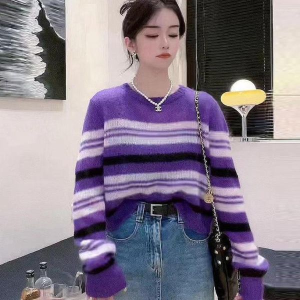 Pulls pour femmes 2023 Automne Hiver Violet Stripe Pull Pull O-Cou Lâche Casual Femme Mode Bureau Dame Tricoté