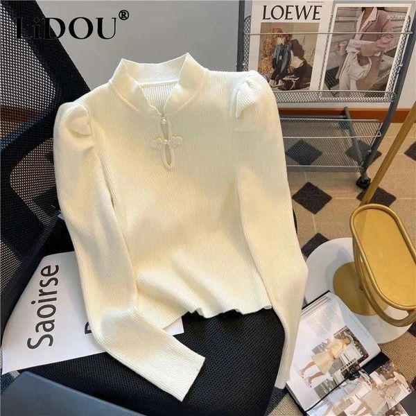 Pulls pour femmes 2023 Automne Hiver Couleur Solide Mode Col Montant Pulls Femmes High Street Slim Filetage Creux Out All-Match Tops